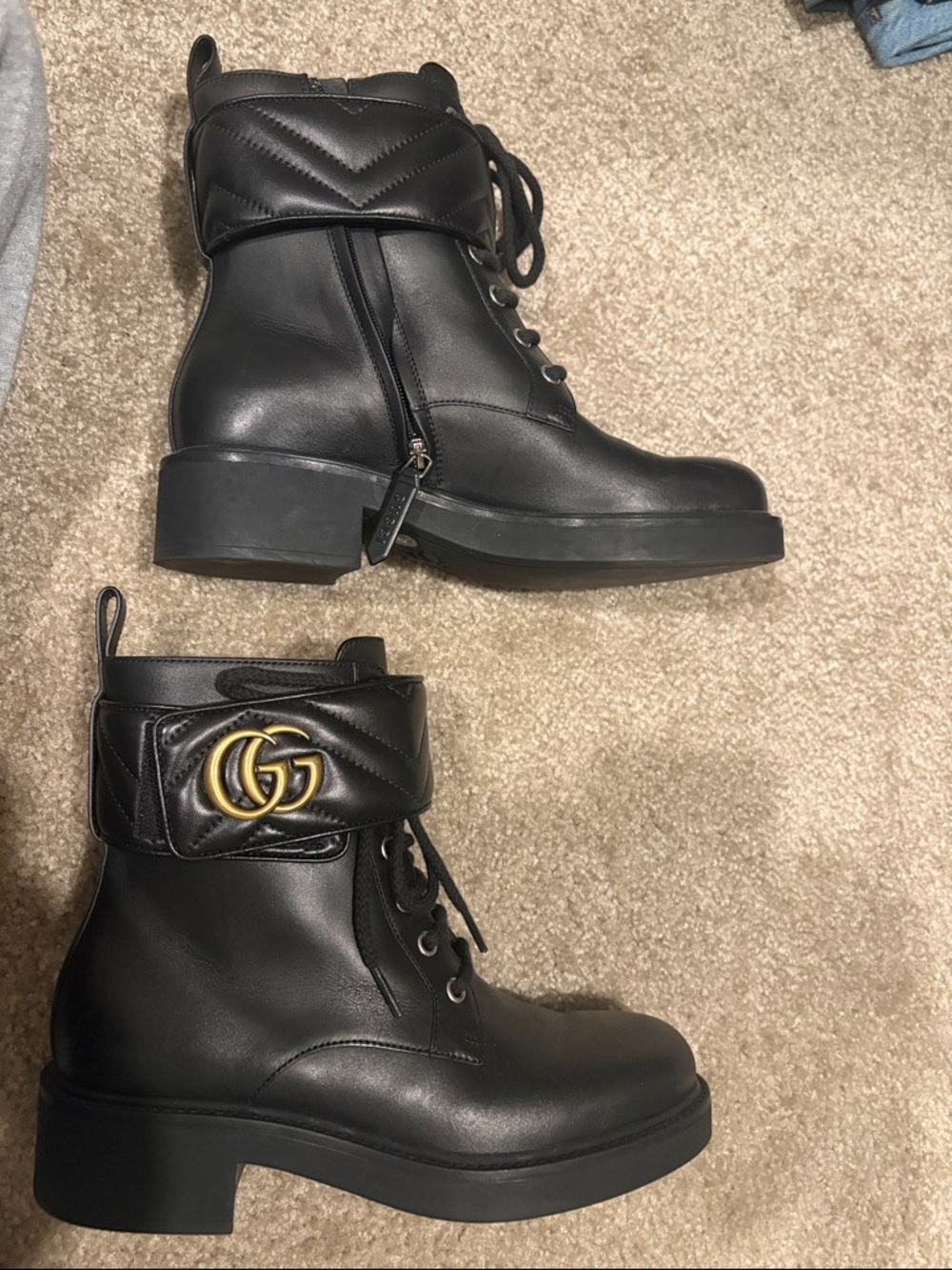 Gucci Black Quilted Ankle Lace-Up Combat Boots with Gold GG
